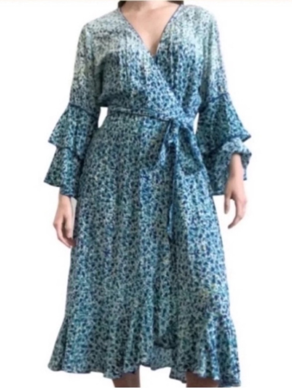 Poupette St. Barth Tiered Bell Sleeve Midi Wrap Dress